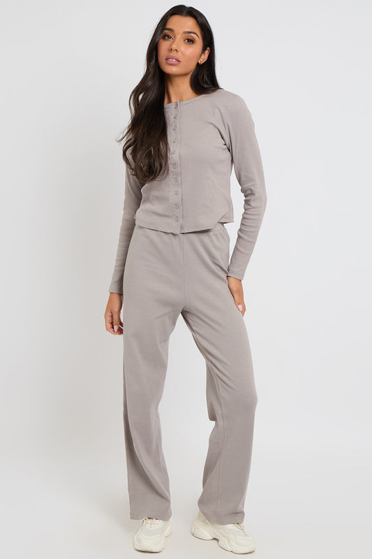 Grey Ribbed Wide Leg Trouser