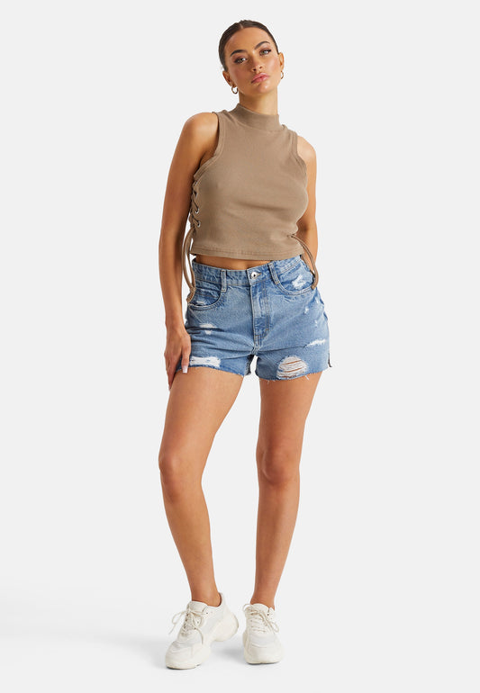 Split Hem Ripped Denim Shorts