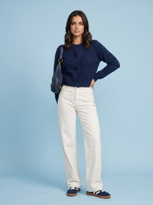 Wool Blend Cropped Cardigan Navy