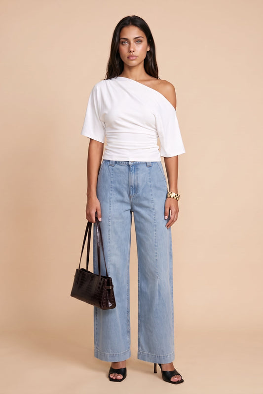 Pleated Wide Jean Mid Blue