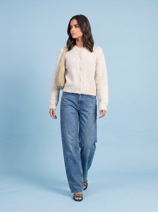 Wool Blend Cropped Cardigan Cream