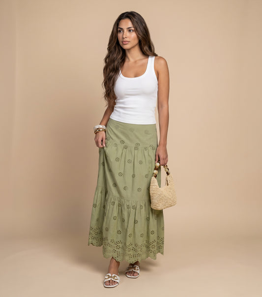Broderie Maxi Skirt Sage