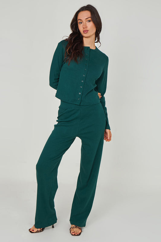 Green Ribbed Wide Leg Trouser