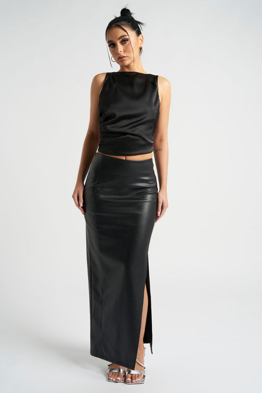 Black Maxi Side Split PU Skirt