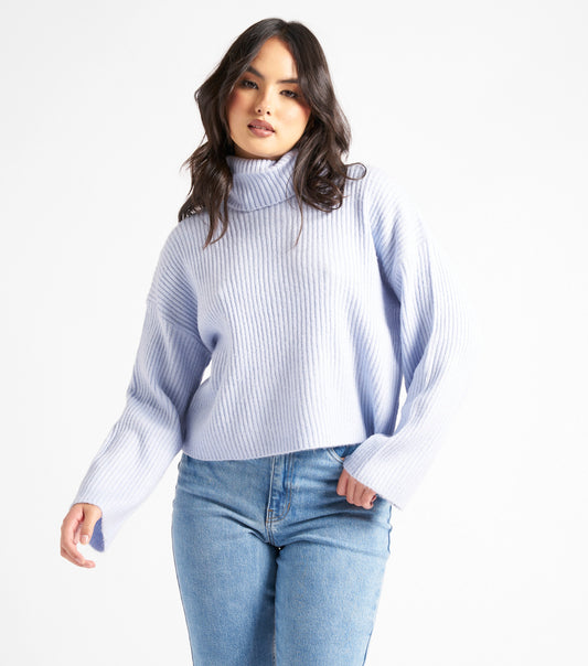 Blue Crop Roll Neck Wide Rib Jumper