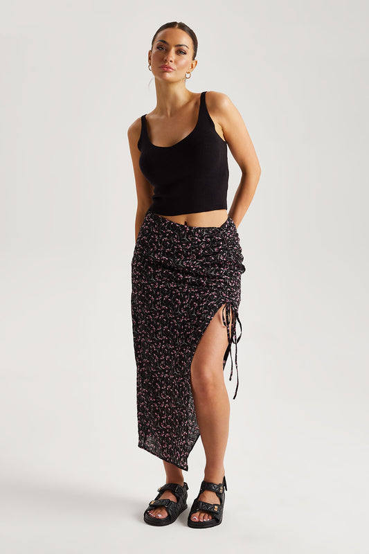 Chiffon Floral Ruched Side Midi Skirt