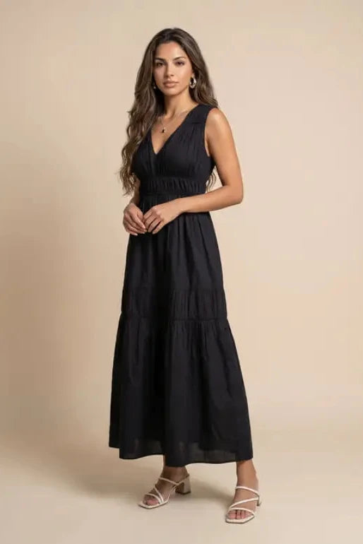 Cotton Poplin Ruched Maxi Dress Black