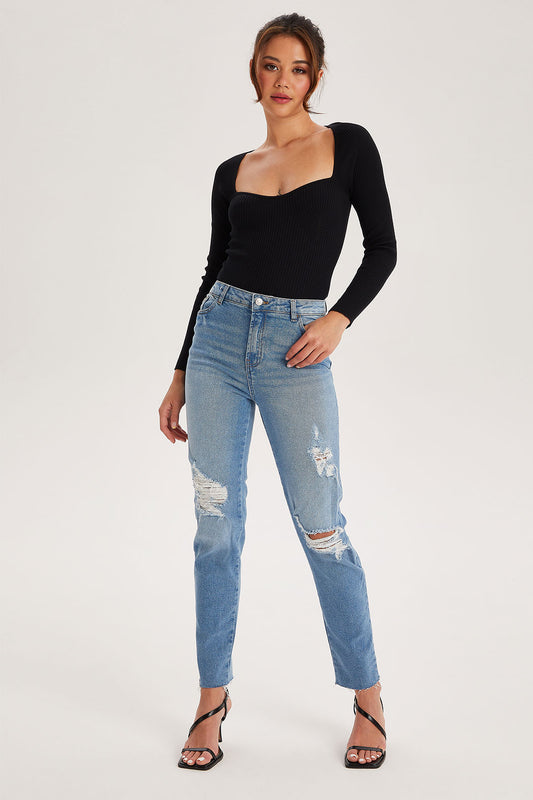 Fox Blue High Rise Slim Ripped Jean