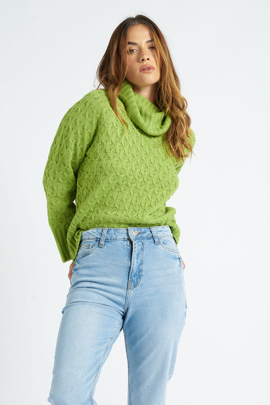 Green Honeycomb Cable Roll Neck Jumper
