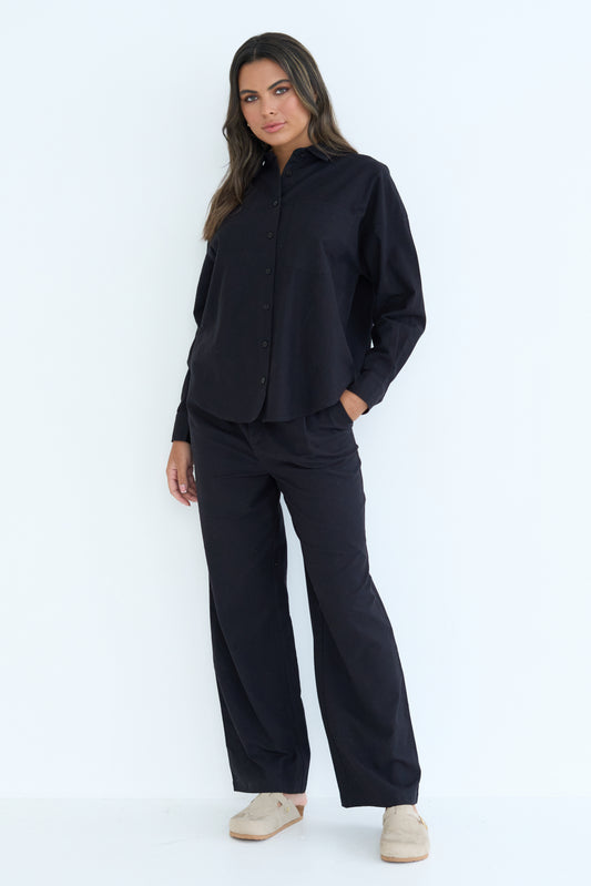 Black Linen Blend Wide Leg Trouser