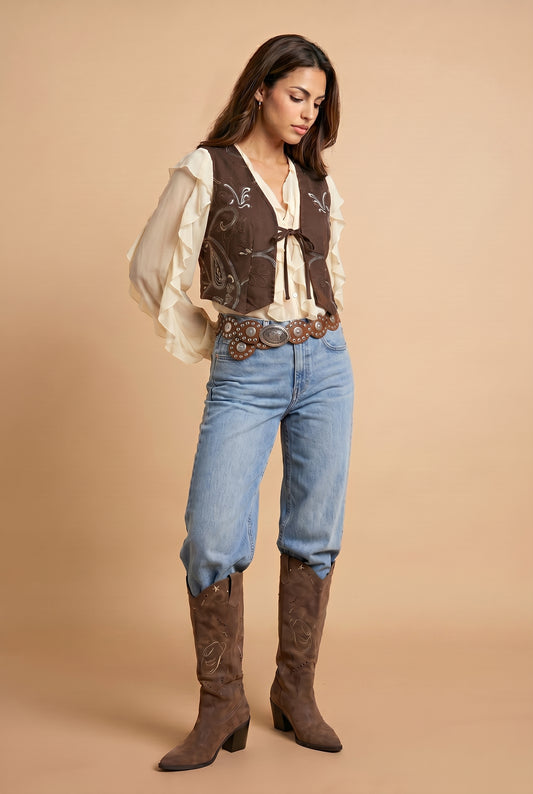 Embroiderd Faux Suede Waistcoat