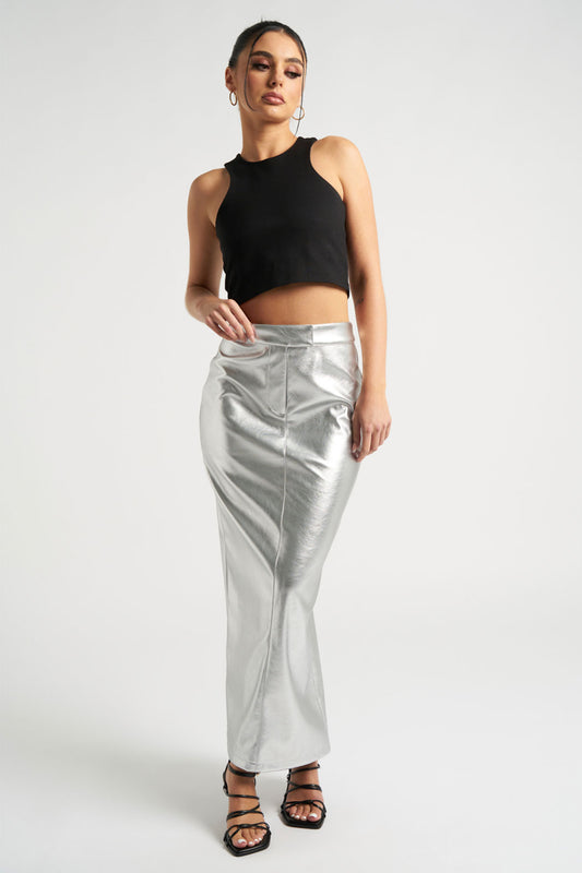 Silver Maxi PU Skirt