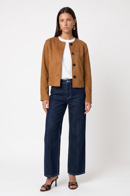 Cropped Faux Suede Button Front Jacket