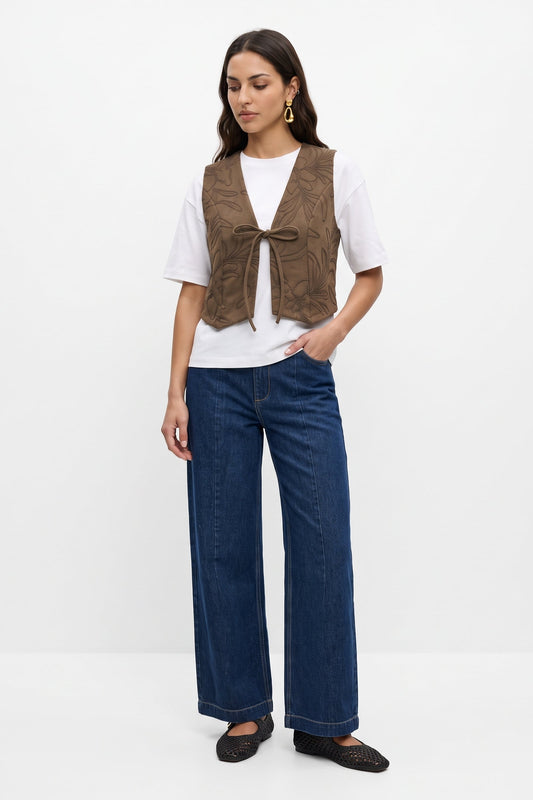 Embroidery And Stitch Faux Suede Waistcoat