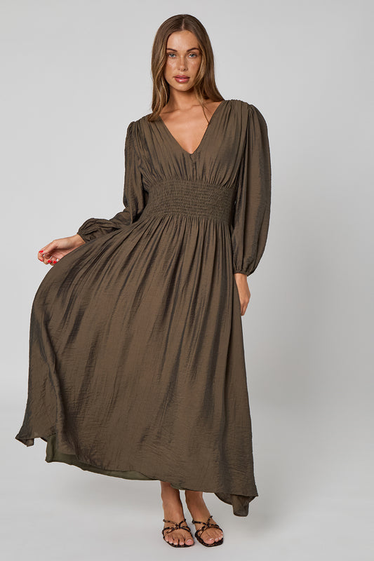 Khaki Sleeved Elasticated Waist Maxi Dress