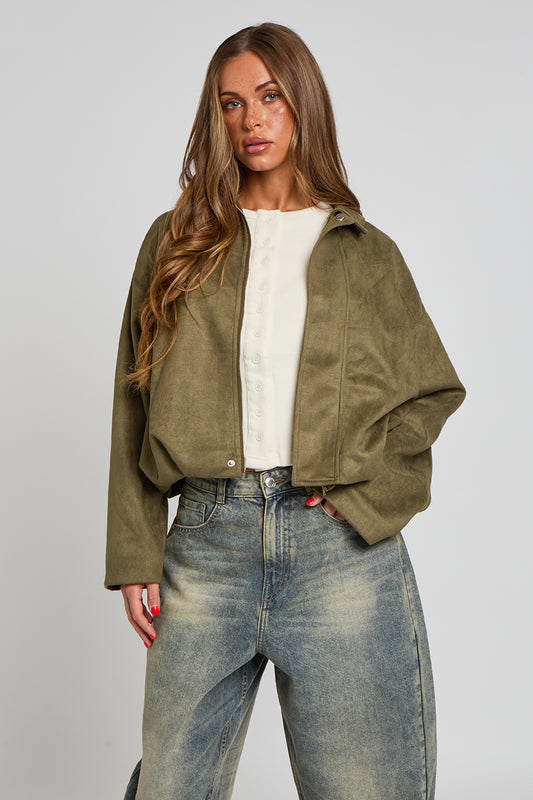 Khaki Suede Collared Bubble Hem Jacket