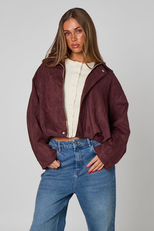 Plum Suede Collared Bubble Hem Jacket