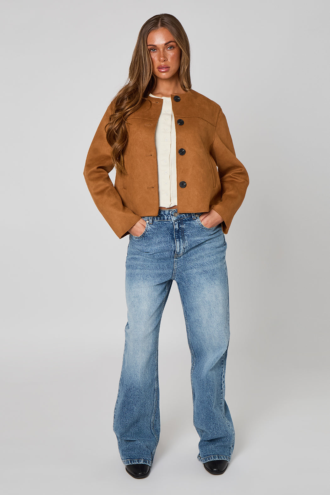 Cropped Faux Suede Button Front Jacket