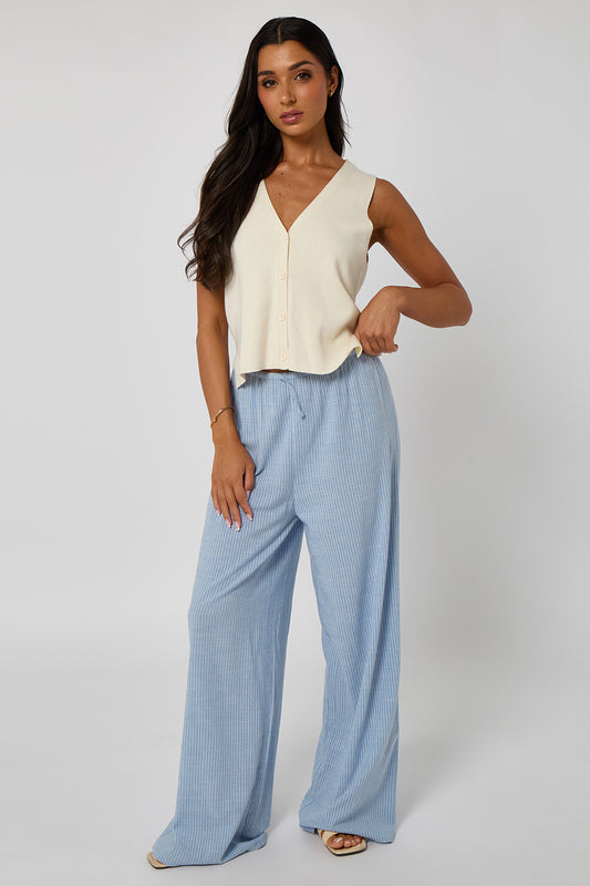 Blue Linen-Look Elasticated Wide Leg Trouser