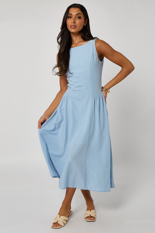 Blue Linen-Look Sleeveless Smock Dress
