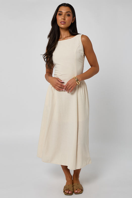 Stone Linen-Look Sleeveless Smock Dress