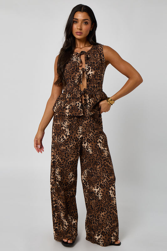 Leopard Linen-Look Elasticated Wide Leg Trouser
