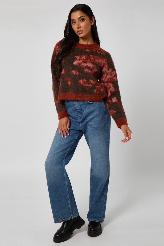Red Brushed yarn abstract print jumper