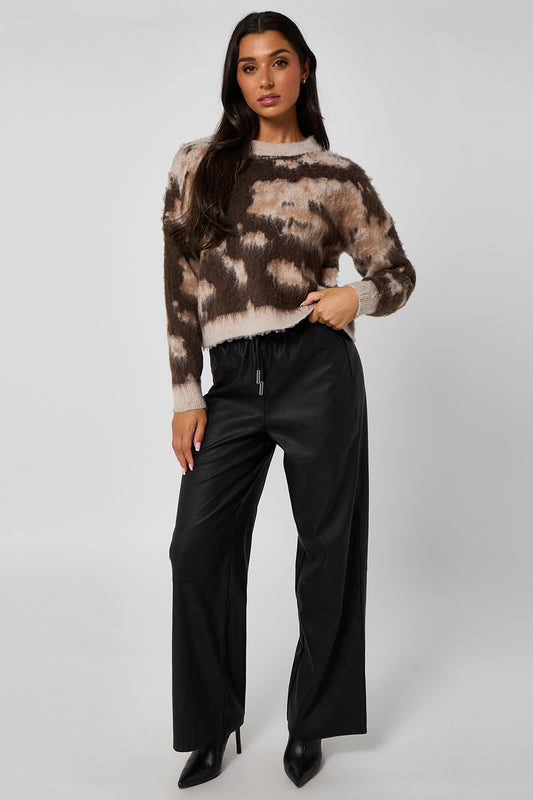 Brown Brushed yarn abstract print jumper
