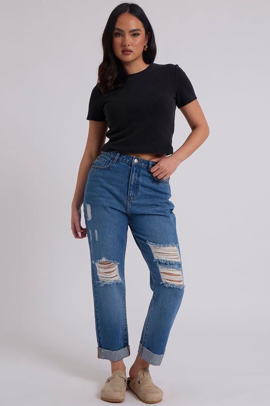 Elliott Mid Blue Ripped Mom Jeans