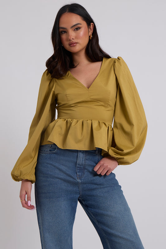 Olive Puff Sleeve Peplum Top