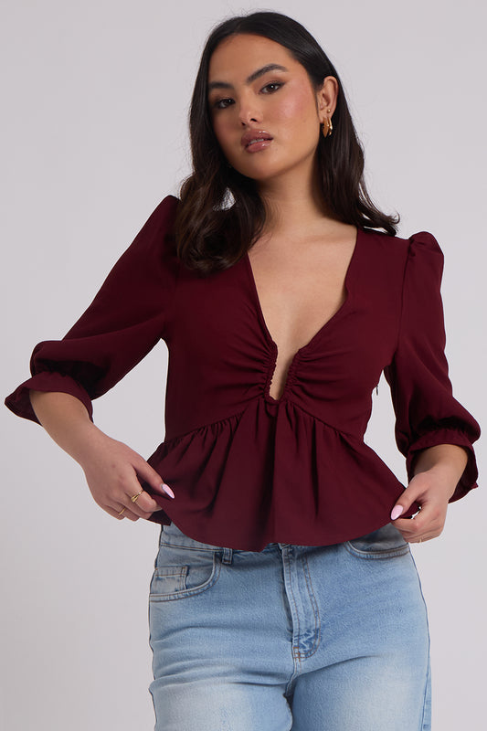 Collette Burgundy U Bar Empire Peplum Top