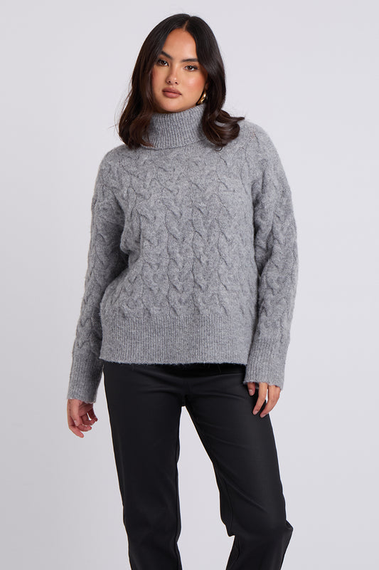 Grey Cable Roll Neck Jumper