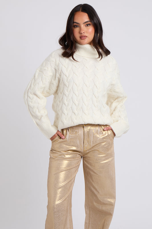 White Cable Roll Neck Jumper