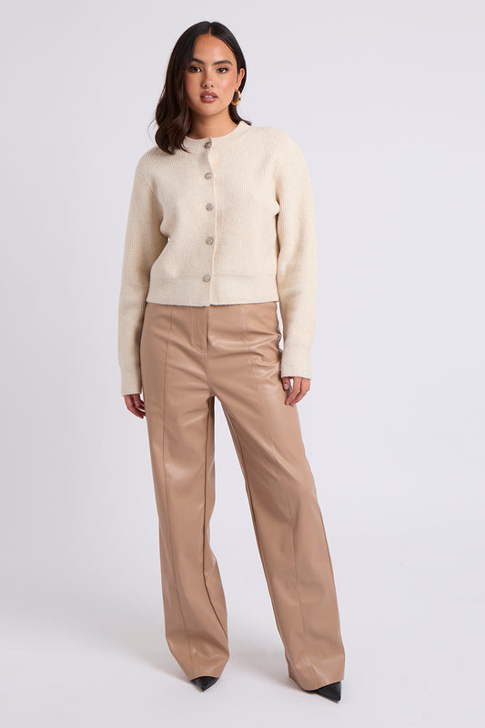 Beige Wide Leg PU Trouser