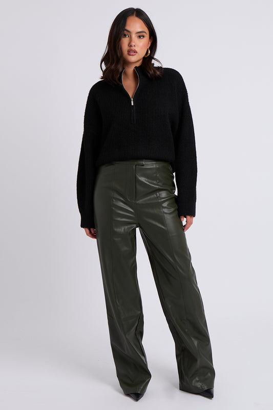 Khaki Wide Leg PU Trouser