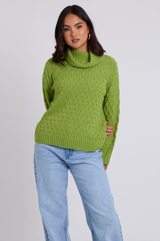 Green Honeycomb Cable Roll Neck Jumper