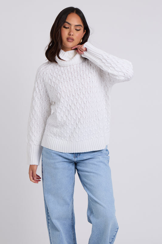 White Honeycomb Cable Roll Neck Jumper