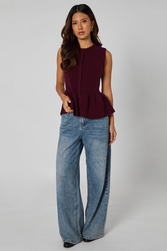 Plum Peplum Button Front Vest
