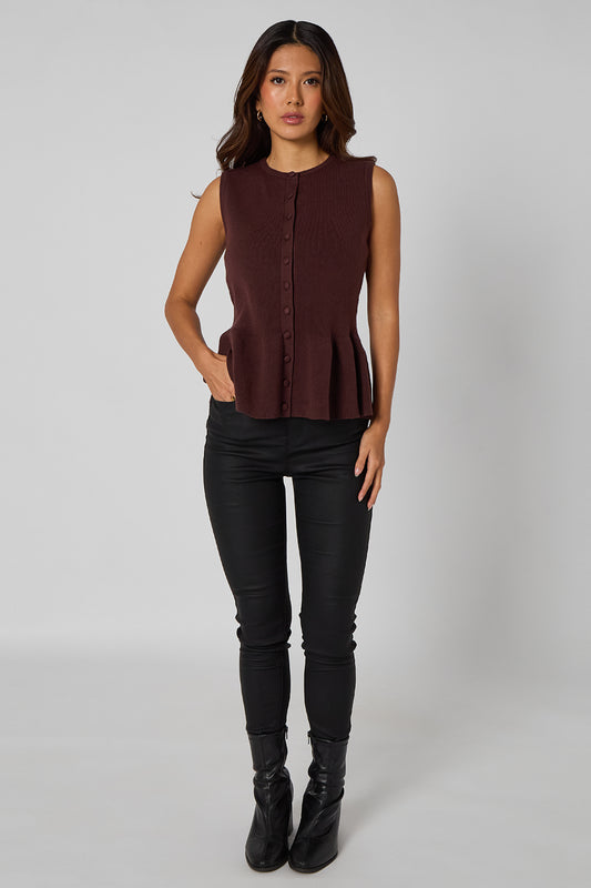 Brown Peplum Button Front Vest