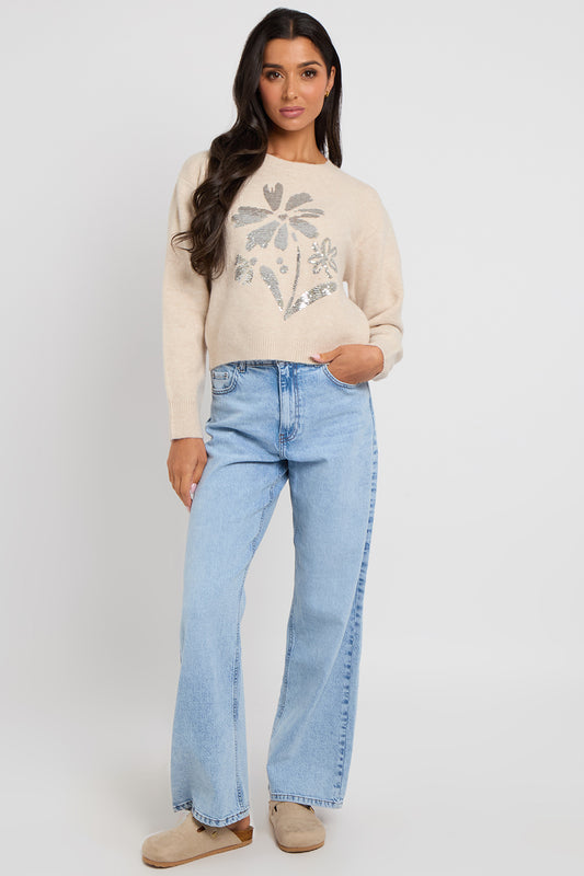 Floral sequin placement jumper