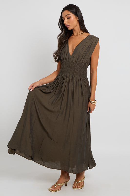 Khaki Maxi Dress with Elasticated Waist