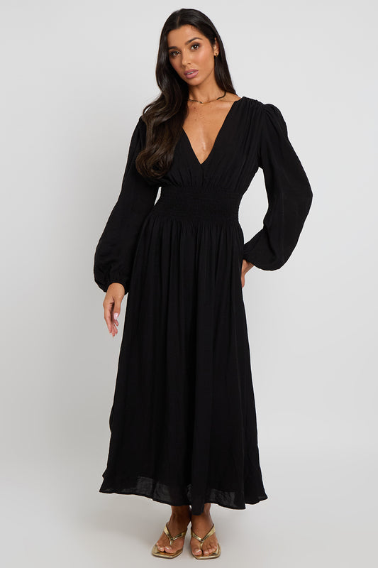 Black Sleeved Elasticated Waist Maxi Dress