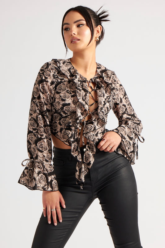 Floral Lattice Front Ruffle Top