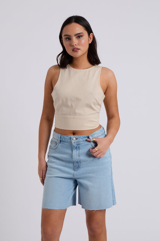 Linen Blend Tie Back Top