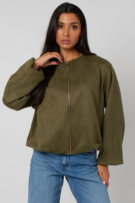 Khaki Suede Bubble Hem Jacket