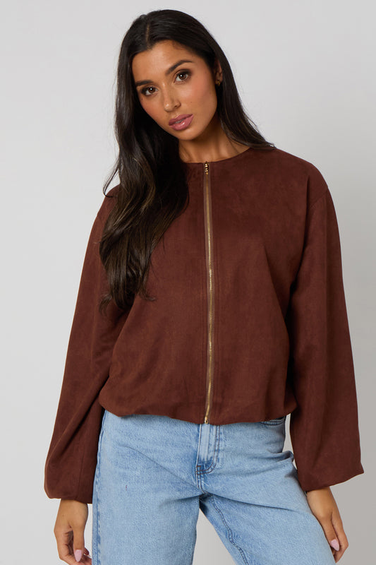 Chocolate Suede Bubble Hem Jacket