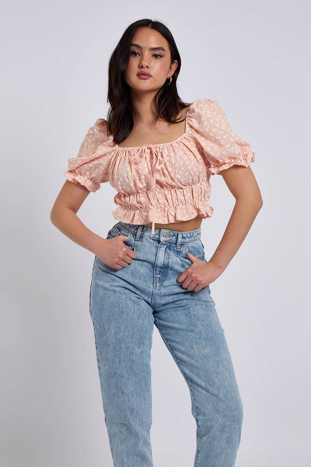 Floral Gingham Off Shoulder Top