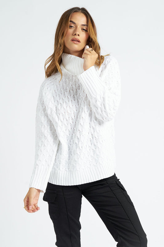 White Honeycomb Cable Roll Neck Jumper