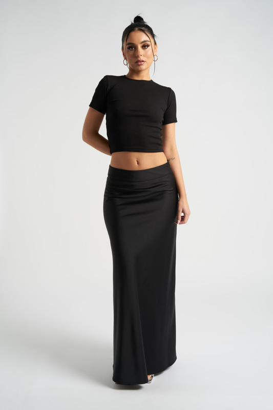 Black Satin Bias Cut Maxi Skirt