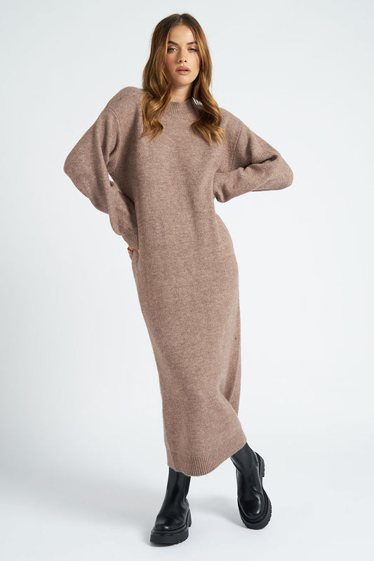 Brown Crew Neck Long Dress